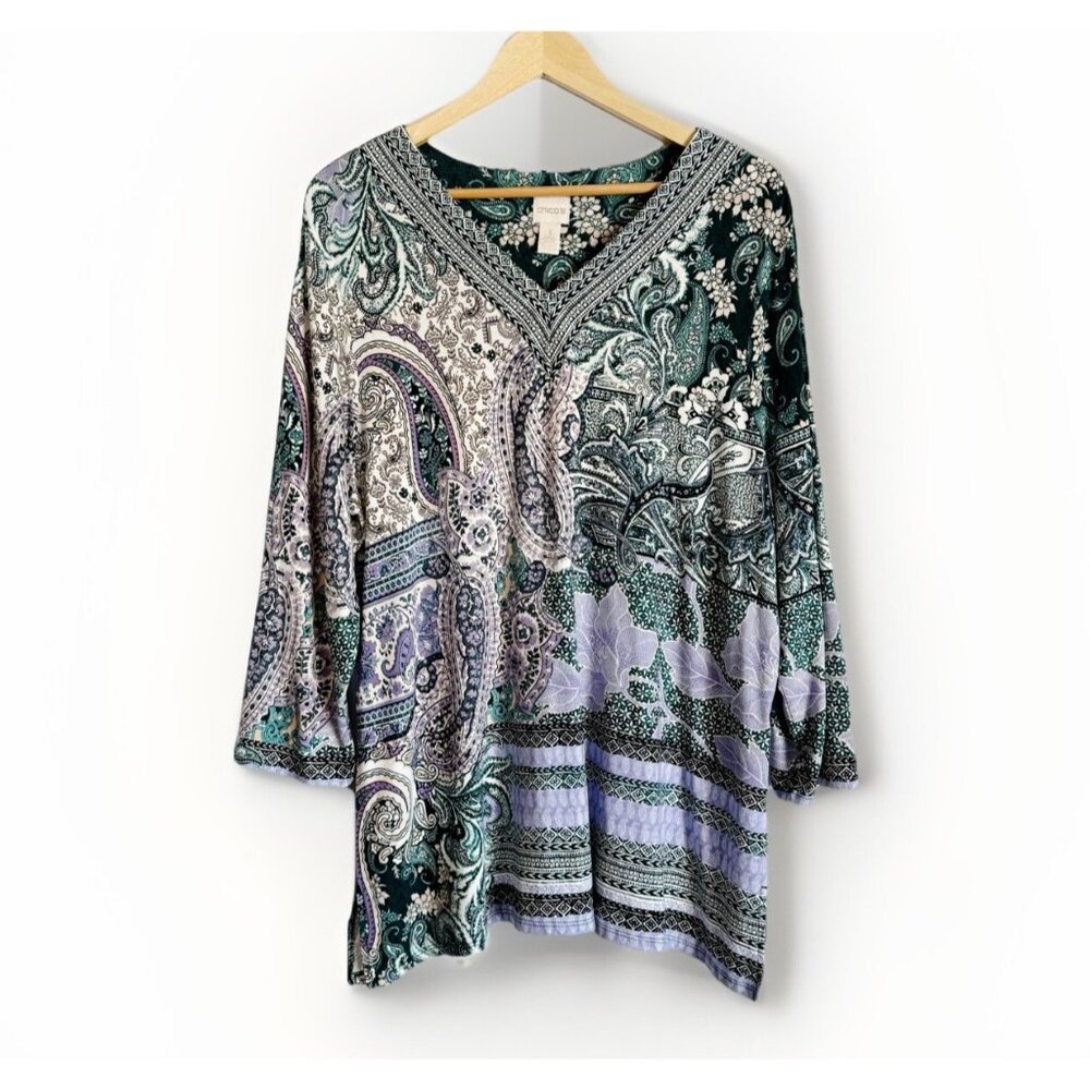 Chico’s Villa Paisley V-neck 3/4 Sleeve Tunic Top Women’s XL Artsy Casual Office